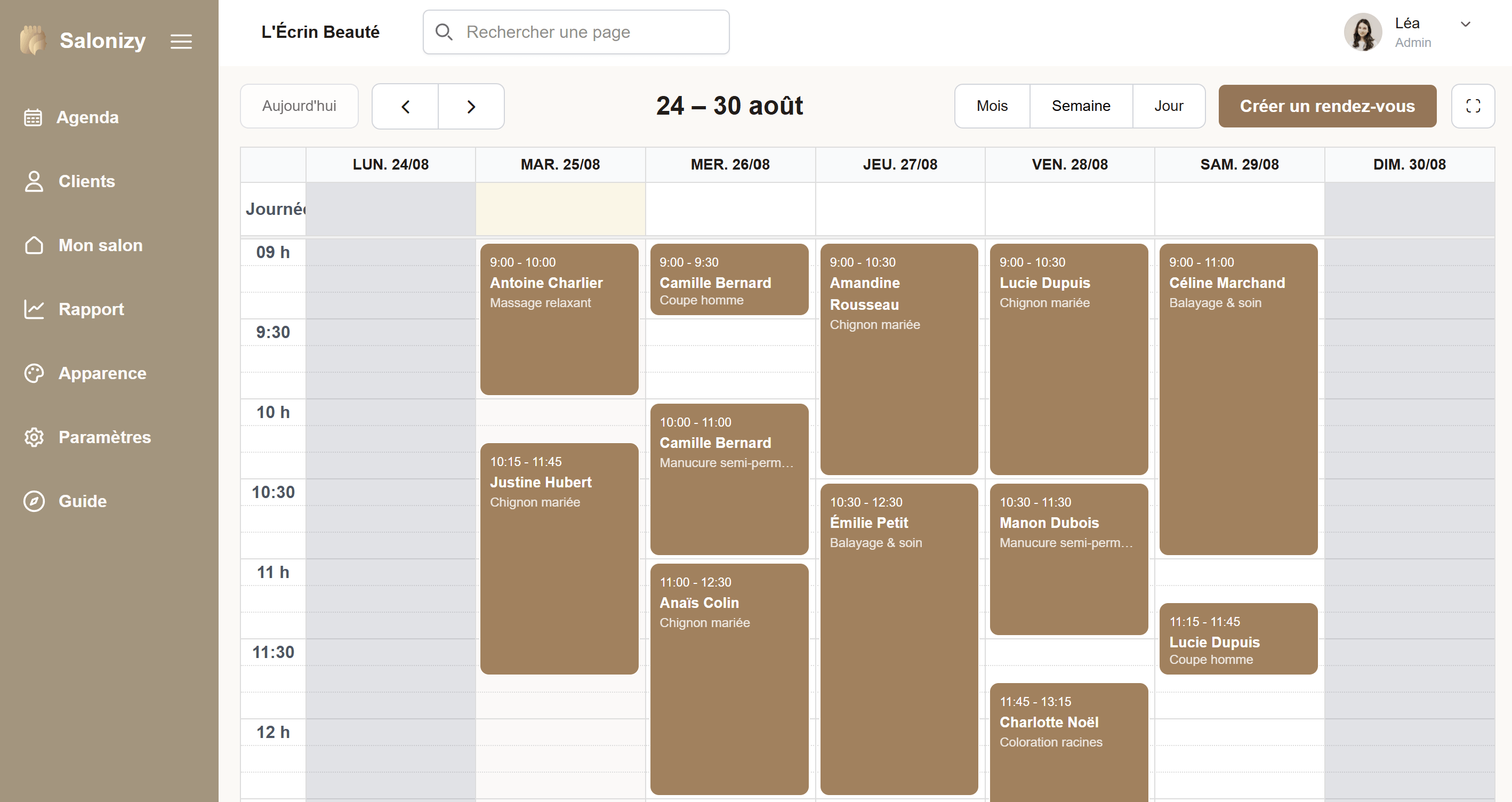 Tableau de bord du panel administrateur de Salonizy avec les différentes fonctionnalités