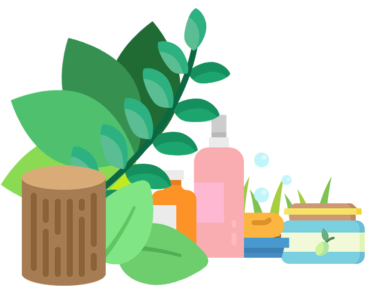 Ensemble de produits de beauté avec de la végétation autour