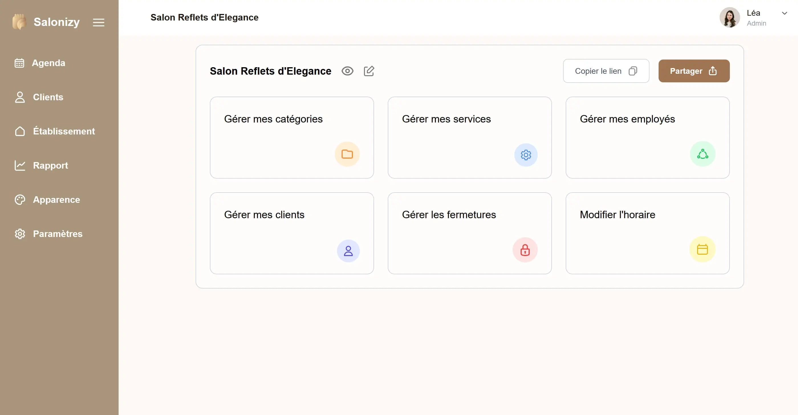 Tableau de bord du panel administrateur de Salonizy avec les différentes fonctionnalités